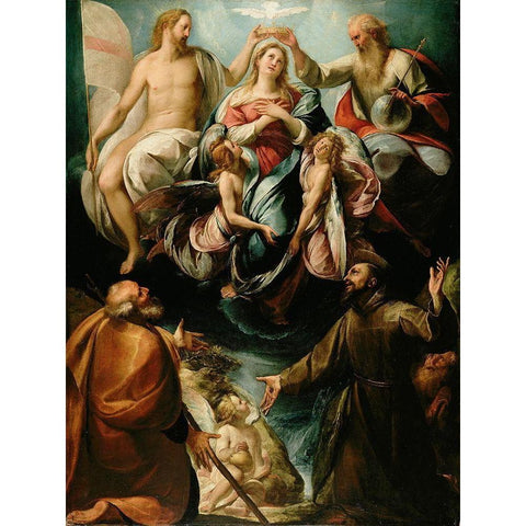 Coronation of the Virgin with Saints Joseph and Francis of Assisi Black Modern Wood Framed Art Print with Double Matting by Procaccini, Giulio