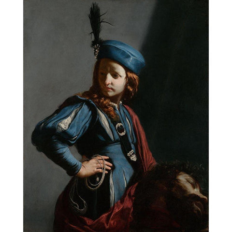 David with the Head of Goliath Black Modern Wood Framed Art Print with Double Matting by Cagnacci, Guido