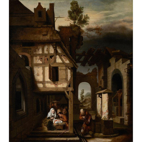 Adoration of the Shepherds Black Modern Wood Framed Art Print with Double Matting by Maes, Nicolaes