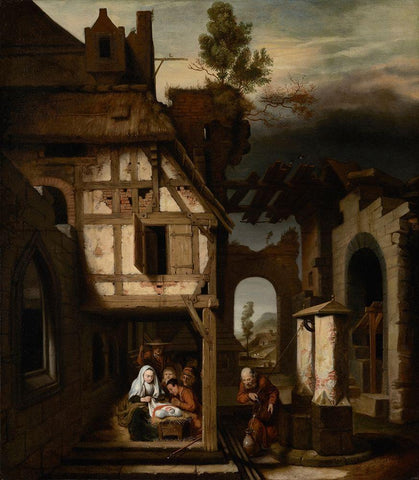 Adoration of the Shepherds White Modern Wood Framed Art Print with Double Matting by Maes, Nicolaes