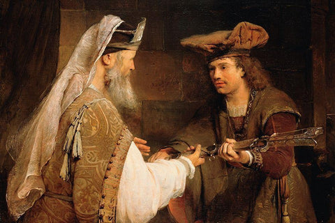 Ahimelech Giving the Sword of Goliath to David White Modern Wood Framed Art Print with Double Matting by de Gelder, Aert