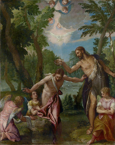 The Baptism of Christ Black Ornate Wood Framed Art Print with Double Matting by Veronese, Paolo