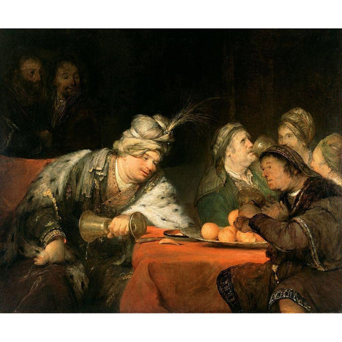 The Banquet of Ahasuerus Black Modern Wood Framed Art Print with Double Matting by de Gelder, Aert