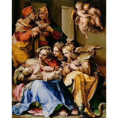 Holy Family with Saints Anne, Catherine of Alexandria, and Mary Magdalene Black Modern Wood Framed Art Print with Double Matting by Nosadella