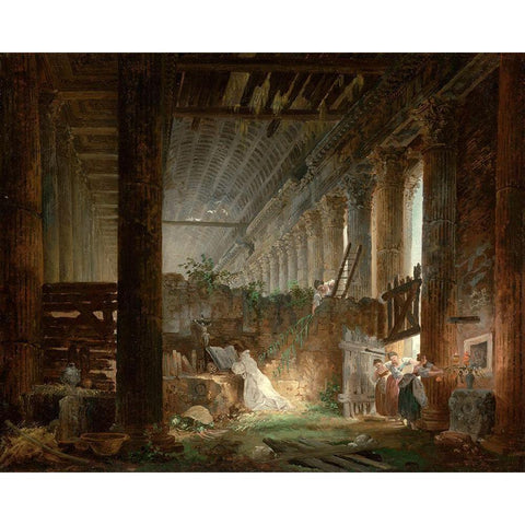 A Hermit Praying in the Ruins of a Roman Temple Gold Ornate Wood Framed Art Print with Double Matting by Robert, Hubert