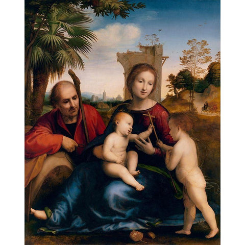 The Rest on the Flight into Egypt with St. John the Baptist Black Modern Wood Framed Art Print with Double Matting by della Porta, Baccio