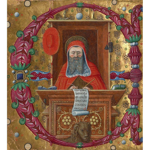 Initial E:  Saint Jerome in His Study Gold Ornate Wood Framed Art Print with Double Matting by Unknown 15th Century Italian Illuminator