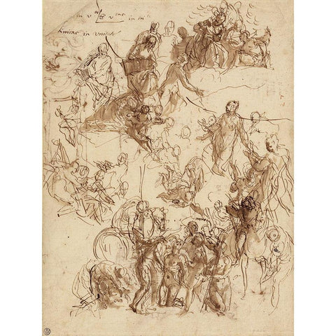 Sheet of Studies for The Martyrdom of Saint George White Modern Wood Framed Art Print by Veronese, Paolo