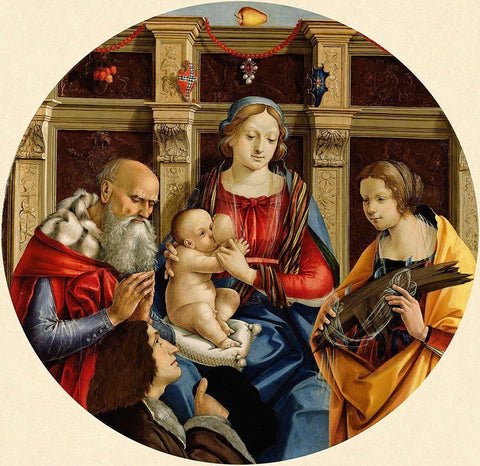 Madonna and Child with a Male Saint, Catherine of Alexandria and a Donor White Modern Wood Framed Art Print with Double Matting by di Pietro Membrini, Michelangelo