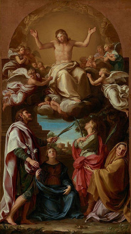 Christ in Glory with Saints Celsus, Julian, Marcionilla and Basilissa White Modern Wood Framed Art Print with Double Matting by Batoni, Pompeo Girolamo