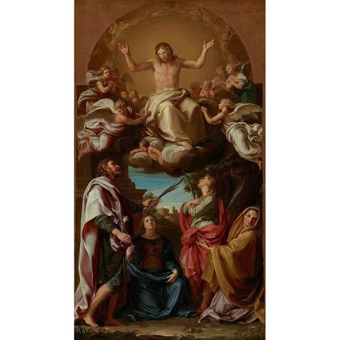 Christ in Glory with Saints Celsus, Julian, Marcionilla and Basilissa Black Modern Wood Framed Art Print with Double Matting by Batoni, Pompeo Girolamo