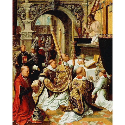 The Mass of Saint Gregory the Great White Modern Wood Framed Art Print by Adriaen, Ysenbrandt,