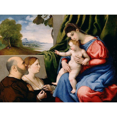 Madonna and Child with Two Donors White Modern Wood Framed Art Print by Lotto, Lorenzo