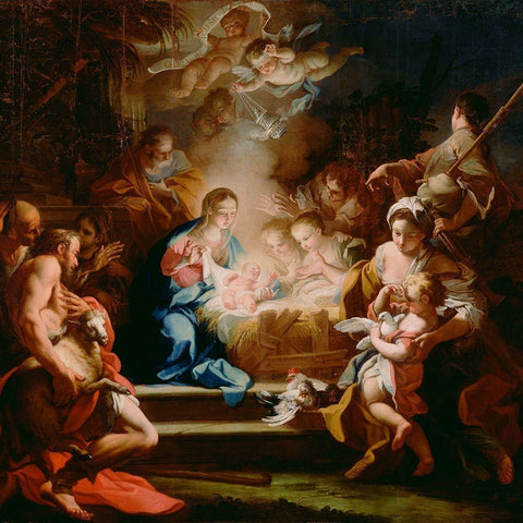 The Adoration of the Shepherds Black Ornate Wood Framed Art Print with Double Matting by Conca, Sebastiano