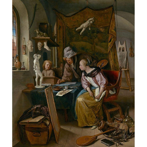 The Drawing Lesson Gold Ornate Wood Framed Art Print with Double Matting by Steen, Jan