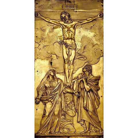 Tabernacle Door with the Crucifixion Gold Ornate Wood Framed Art Print with Double Matting by Mochi, Francesco