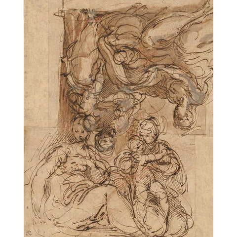 Two Studies for a Holy Family Black Modern Wood Framed Art Print with Double Matting by Parmigianino