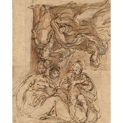 Two Studies for a Holy Family Gold Ornate Wood Framed Art Print with Double Matting by Parmigianino