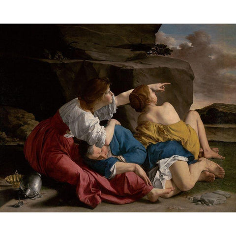 Lot and his Daughters Gold Ornate Wood Framed Art Print with Double Matting by Gentileschi, Orazio
