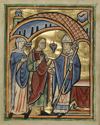 Joachim and Saint Anne before the High Priest White Modern Wood Framed Art Print with Double Matting by Unknown 12th Century English Illuminator