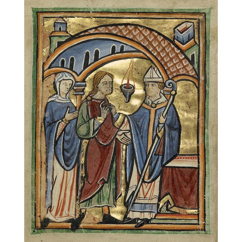 Joachim and Saint Anne before the High Priest Black Modern Wood Framed Art Print with Double Matting by Unknown 12th Century English Illuminator