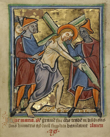 Christ Carrying the Cross White Modern Wood Framed Art Print with Double Matting by Unknown 12th Century English Illuminator