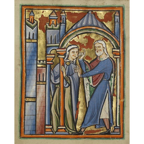 The Meeting at the Golden Gate Gold Ornate Wood Framed Art Print with Double Matting by Unknown 12th Century English Illuminator