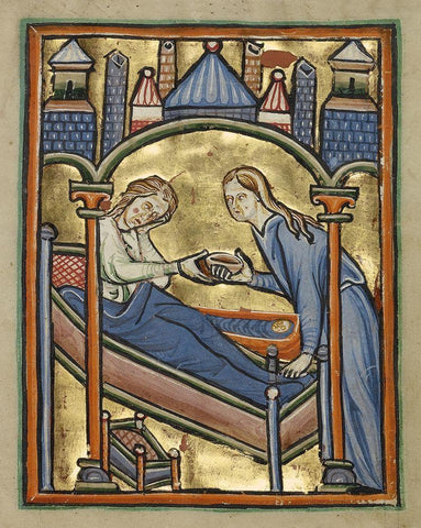 The Birth of the Virgin White Modern Wood Framed Art Print with Double Matting by Unknown 12th Century English Illuminator