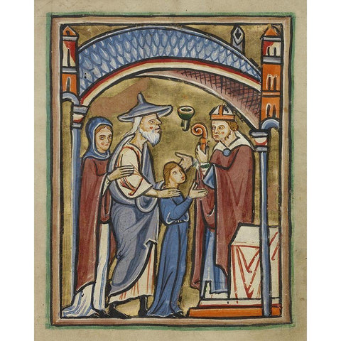 The Virgin as a Maiden in the Temple Gold Ornate Wood Framed Art Print with Double Matting by Unknown 12th Century English Illuminator