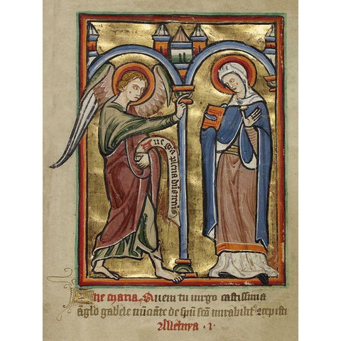 The Annunciation Black Modern Wood Framed Art Print with Double Matting by Unknown 12th Century English Illuminator