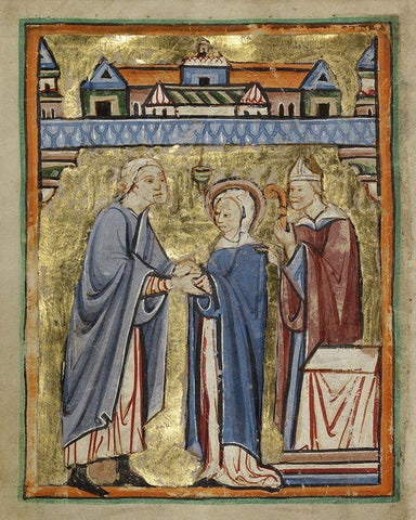 The Marriage of the Virgin White Modern Wood Framed Art Print with Double Matting by Unknown 12th Century English Illuminator