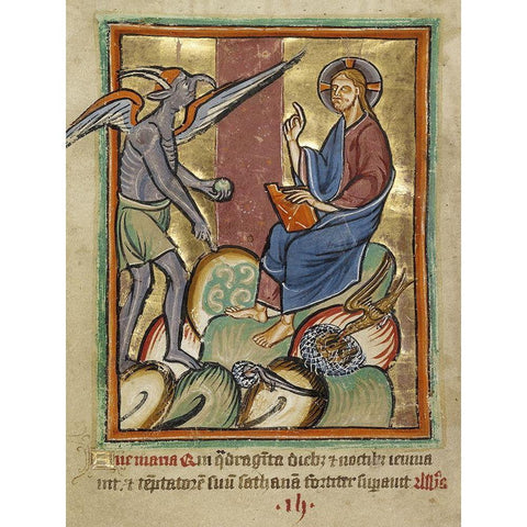 The First Temptation Black Modern Wood Framed Art Print with Double Matting by Unknown 12th Century English Illuminator