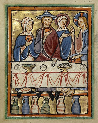 The Marriage at Cana White Modern Wood Framed Art Print with Double Matting by Unknown 12th Century English Illuminator