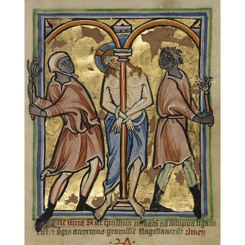 The Scourging of Christ Black Modern Wood Framed Art Print with Double Matting by Unknown 12th Century English Illuminator