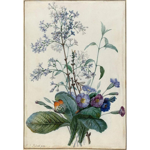 A Bouquet of Flowers with Insects Gold Ornate Wood Framed Art Print with Double Matting by Redoute, Pierre Joseph