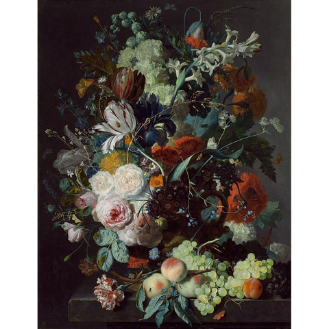 Still Life with Flowers and Fruit, c. 1715 Black Modern Wood Framed Art Print with Double Matting by van Huysum, Jan