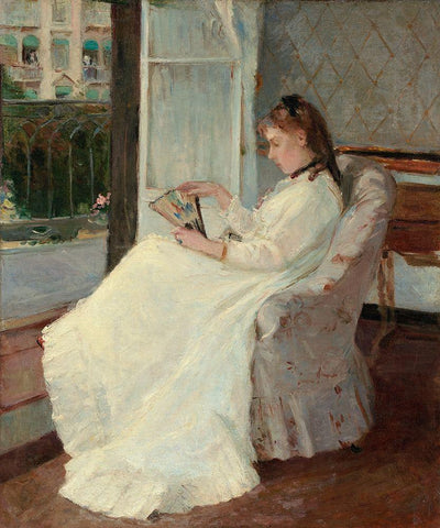 The Artists Sister at a Window, 1869 White Modern Wood Framed Art Print with Double Matting by Morisot, Berthe