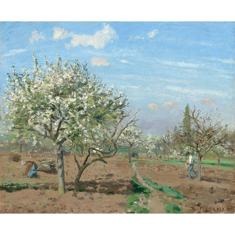 Orchard in Bloom, Louveciennes, 1872 Black Modern Wood Framed Art Print with Double Matting by Pissarro, Camille