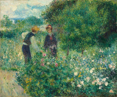 Picking Flowers White Modern Wood Framed Art Print with Double Matting by Renoir, Pierre-Auguste
