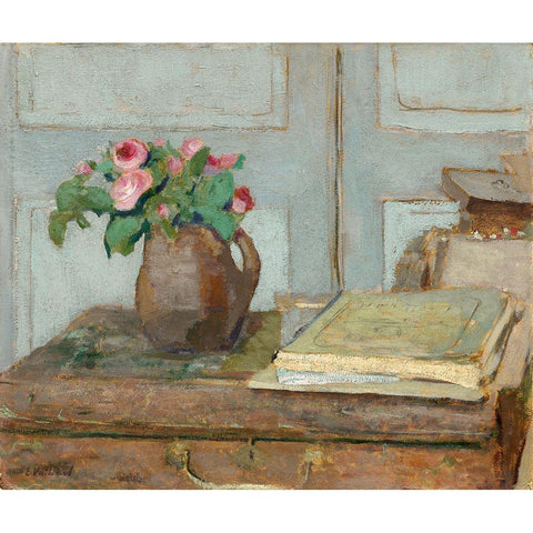 The Artists Paint Box and Moss Roses, 1898 White Modern Wood Framed Art Print by Vuillard, Edouard