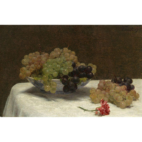 Still Life with Grapes and a Carnation, c. 1880 Gold Ornate Wood Framed Art Print with Double Matting by Fantin-Latour, Henri