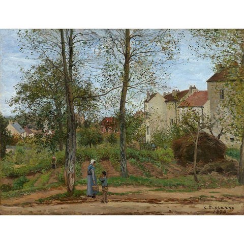 Houses at Bougival (Autumn) Gold Ornate Wood Framed Art Print with Double Matting by Pissarro, Camille