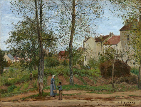 Houses at Bougival (Autumn) White Modern Wood Framed Art Print with Double Matting by Pissarro, Camille