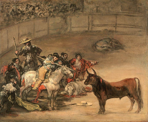 Bullfight, Suerte de Varas White Modern Wood Framed Art Print with Double Matting by de Goya, Francisco