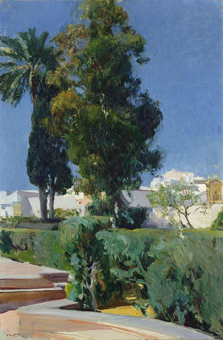 Corner of the Garden, Alcazar, Sevilla White Modern Wood Framed Art Print with Double Matting by Y Bastida, Joaquin Sorolla