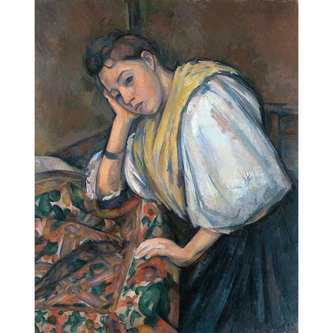 Young Italian Woman at a Table Gold Ornate Wood Framed Art Print with Double Matting by Cezanne, Paul