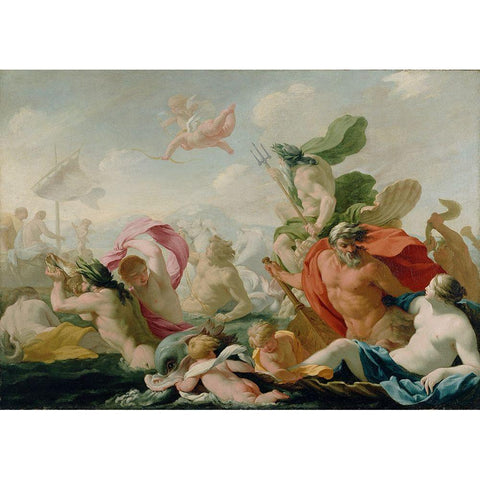 Marine Gods Paying Homage to Love Gold Ornate Wood Framed Art Print with Double Matting by Le Sueur, Eustache