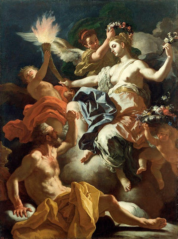 Aurora Taking Leave of Tithonus White Modern Wood Framed Art Print with Double Matting by Solimena, Francesco