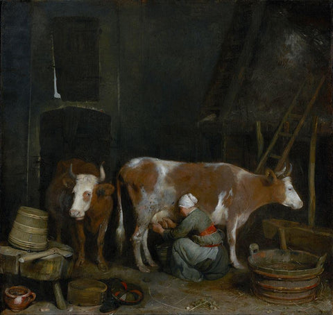 A Maid Milking a Cow in a Barn White Modern Wood Framed Art Print with Double Matting by ter Borch, Gerard