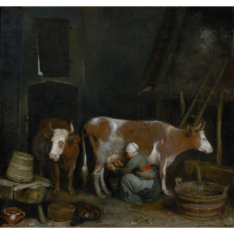 A Maid Milking a Cow in a Barn Gold Ornate Wood Framed Art Print with Double Matting by ter Borch, Gerard